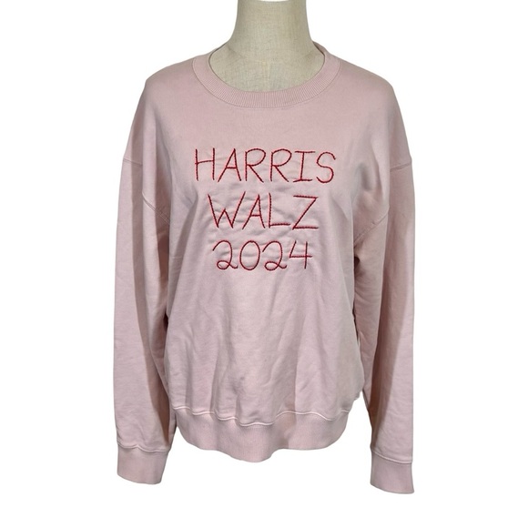 Lingua Franca Harris Walz Embroidered Crew Organic Cotton Sweatshirt Light Pink - Picture 1 of 6
